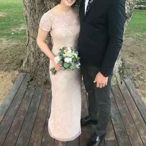Aidan Mattox Beaded Gown in Nude / Blush / Champagne Color. 1920’s Gatsby Gown